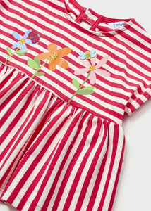 Girl's stripey top and denim leggings set for a toddler. Mayoral 1781 baby 2 piece in watermelon red and denim blue. Girl's 2 piece leggings set available on Kidstuff.ie Detail view