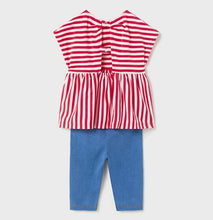 Load image into Gallery viewer, Girl&#39;s stripey top and denim leggings set for a toddler. Mayoral 1781 baby 2 piece in watermelon red and denim blue. Girl&#39;s 2 piece leggings set available on Kidstuff.ie back view
