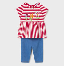 Load image into Gallery viewer, Girl&#39;s stripey top and denim leggings set for a toddler. Mayoral 1781 baby 2 piece in watermelon  red and denim blue. Girl&#39;s 2 piece leggings set available on Kidstuff.ie
