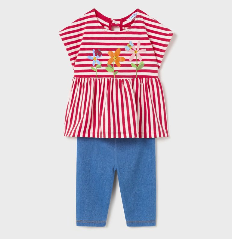 Girl's stripey top and denim leggings set for a toddler. Mayoral 1781 baby 2 piece in watermelon  red and denim blue. Girl's 2 piece leggings set available on Kidstuff.ie