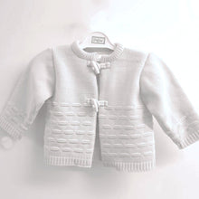 Load image into Gallery viewer, White cardigan for baby. White baby cardigan with toggles fastening.White baby cardigan by Pex.
