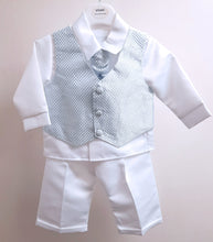 Load image into Gallery viewer, Baby boys christening suit with blue waistcoat. Baby boy&#39;s  baptism outfit.
