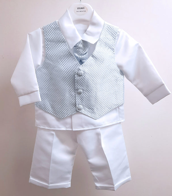 Baby boys christening suit with blue waistcoat. Baby boy's  baptism outfit.