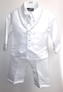 Baby boy's christening outfit. Christening suit for a boy. Shirt waistcoat and trousers in white for baptism.