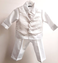 Load image into Gallery viewer, Baby boy;s white Christening suit. White shirt, trousers, waistcoat and tie set for baptism. special occasion baby boy suit.e
