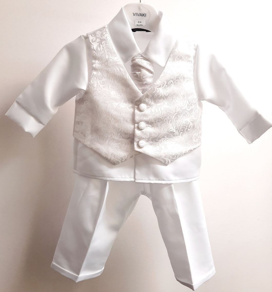 Baby boy;s white Christening suit. White shirt, trousers, waistcoat and tie set for baptism. special occasion baby boy suit.e