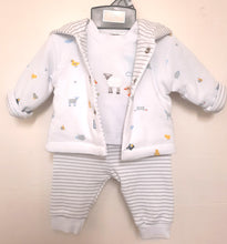 Load image into Gallery viewer, Baby boy outfit with cotton jacket, top and trousers, cute animal motifs. Just too Cute baby boy 3pce set to buy online on kidstuff.ie

