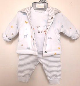Baby boy outfit with cotton jacket, top and trousers, cute animal motifs. Just too Cute baby boy 3pce set to buy online on kidstuff.ie