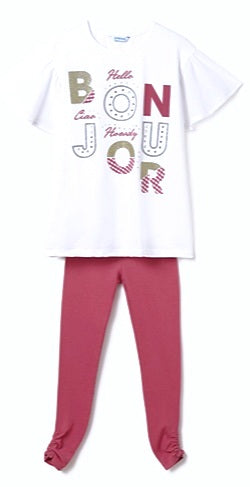 Girls top and leggings set in white and pink. Mayoral 6740 Girl's outfit. White top with Bonjour logo and pink leggings for a girl on kidstuff.ie