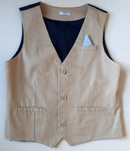 Load image into Gallery viewer, Boy&#39;s Stone and Navy Polka Dot Cotton Waistcoat, by Mayoral
