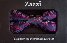 Load image into Gallery viewer, Boy&#39;s bow tie and pocket square in purple brocade patterned with an all-over design in magenta. The necktie is on an adjustable band for a comfortable fit from about 7 years to 14 years and has a hook and bar fastening. Suitable for special occasions including First Communions and weddings
