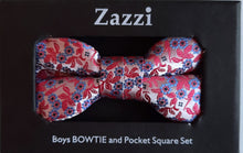 Load image into Gallery viewer, Boy&#39;s bow tie and pocket square in pink brocade patterned with tiny light blue flowers and deeper pink leaves. The necktie is on an adjustable band for a comfortable fit from about 7 years to 14 years and has a hook and bar fastening. Suitable for special occasions including First Communions and weddings
