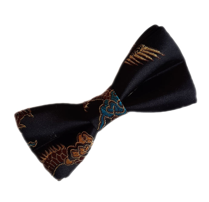 Black brocade bow tie on elastic.