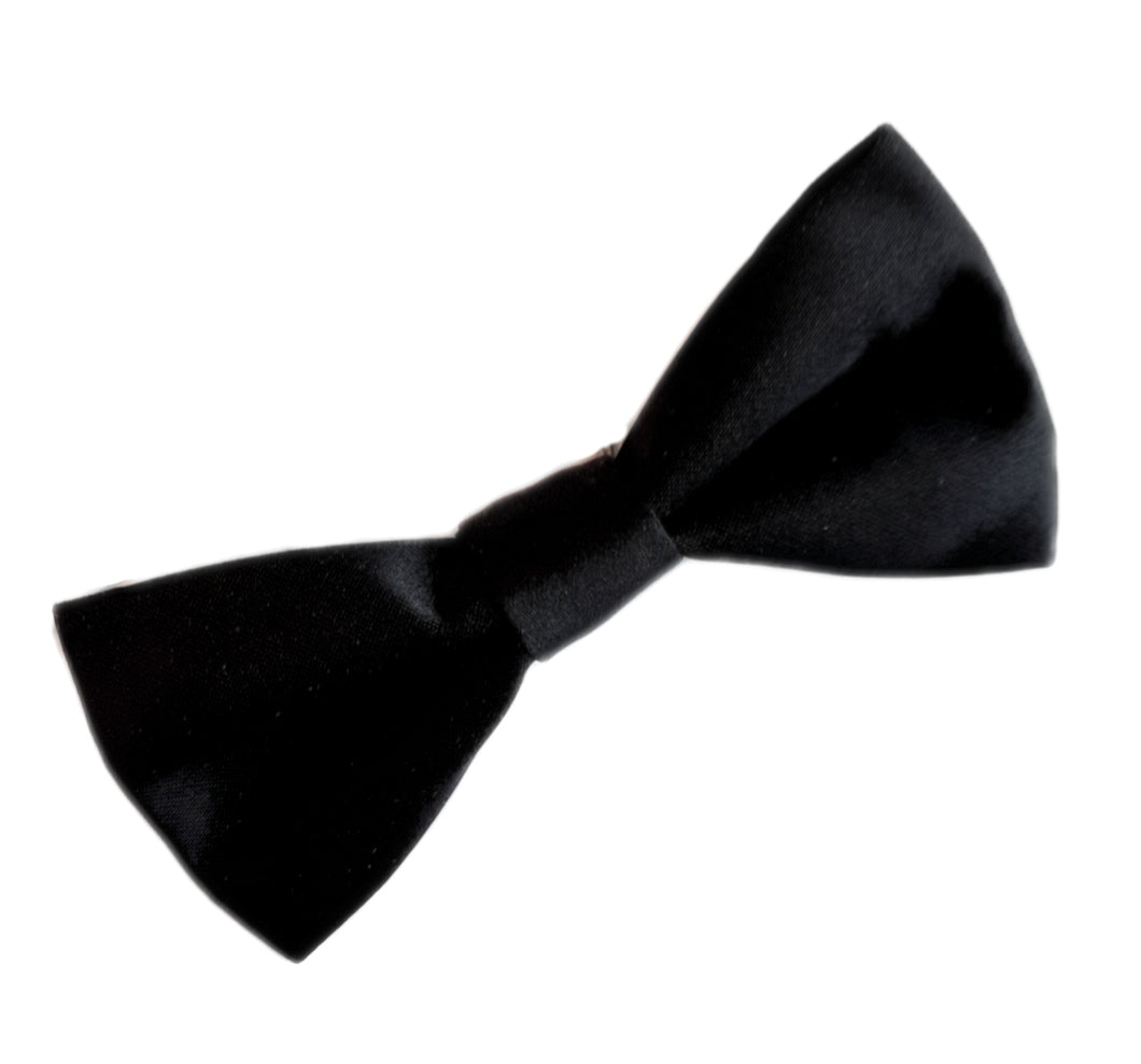 plain black satin bow tie on elastic suitable from about 4 to 8 years.