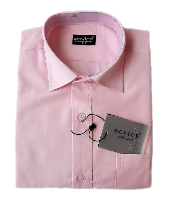 Boy's pink shirt. A classic, long sleeved shirt in a  light pink shade. Smooth fabric, classic non-fitted style. Two button cuff which allows for adjustment to suit. Perfect for special dressing including First Communion. Made by Device.Size labelling is not age.