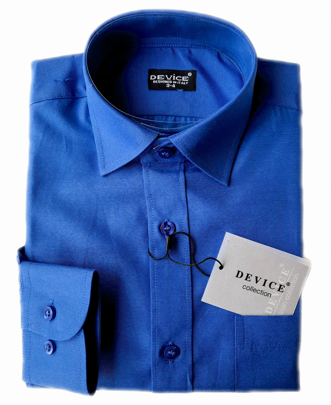 Boy's communion shirt in dark blue. A classic, long sleeved shirt in a deep blue shade. Smooth fabric, classic non-fitted style. Two button cuff which allows for adjustment to suit. Perfect for special dressing including First Communion. Made by Device.Size labelling is not age.