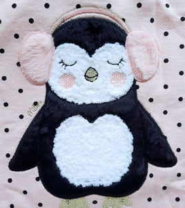 Pink polka dot sweatshirt with penguin motif and matching black jog bottoms for a girl, Milon set 13501 available on kidstuff.ie Penguin motif detail