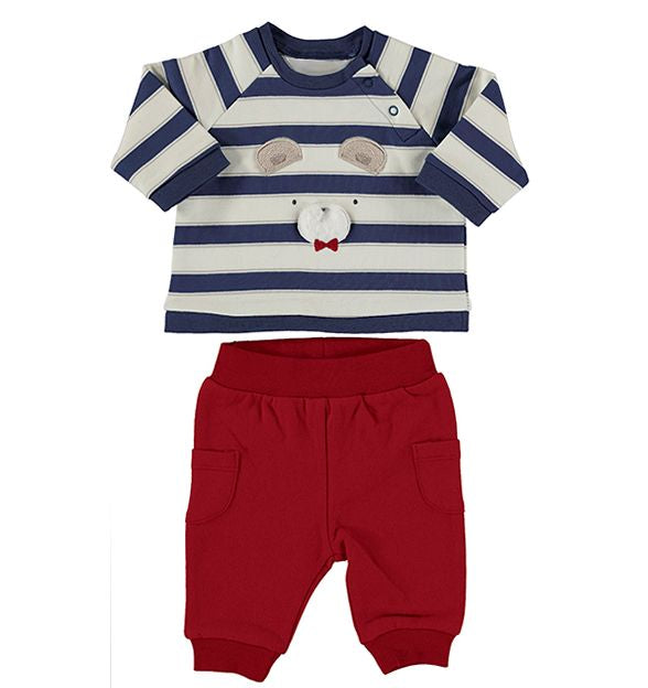 Baby boy's striped top with long sleeves and appliquéed teddy bear motif, in soft, cotton-rich jersey. Handy shoulder fastening with press studs. Co-ordinating jog bottoms in red  have pockets and a soft stretchy waist for comfort. An Ecofriends outfit by Mayoral containing sustainable cotton, available on kidstuff.ie