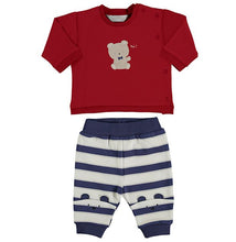 Load image into Gallery viewer, Baby Boy&#39;s jog suit with red top and striped trousers. Baby boy Mayoral outfit., Handy side fastening top. Ecofriends baby 2 piece available on kidstuff.ie
