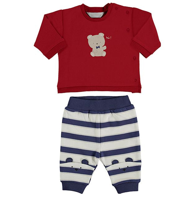 Baby Boy's jog suit with red top and striped trousers. Baby boy Mayoral outfit., Handy side fastening top. Ecofriends baby 2 piece available on kidstuff.ie