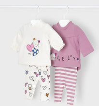 Load image into Gallery viewer, Baby Girls set of two outfits in mauve and cream. Stripey leggings, printed leggings, longs sleeved top in mauve and in cream. Mayoral 2705 Ecofriends set for a baby girl.Available on kidstuff.ie
