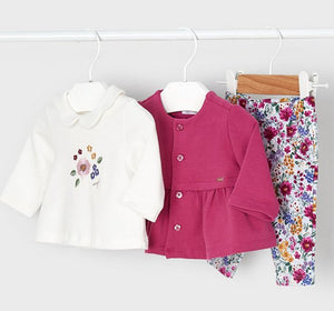 Baby girl's 3 piece set with pink jacket, embroidered cream top and matching flower print leggings. Mayoral 2702 in blackcurrant,
