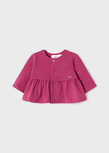 Pink jacket of  Baby girl's 3 piece set with pink jacket, embroidered cream top and matching flower print leggings. Mayoral 2702 in blackcurrant,