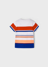 Load image into Gallery viewer, Boy&#39;s striped Tee shirt with red white peach and dark blue. Mayoral 6009 boy&#39;s tee shirt back.
