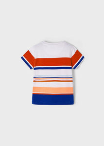 Boy's striped Tee shirt with red white peach and dark blue. Mayoral 6009 boy's tee shirt back.