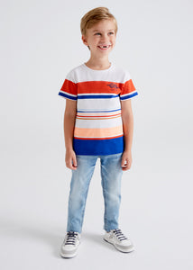 Boy's striped Tee shirt with red white peach and dark blue. Mayoral 6009 boy's tee shirt.