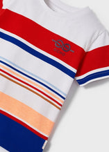 Load image into Gallery viewer, Boy&#39;s striped Tee shirt with red white peach and dark blue. Mayoral 6009 boy&#39;s tee shirt.
