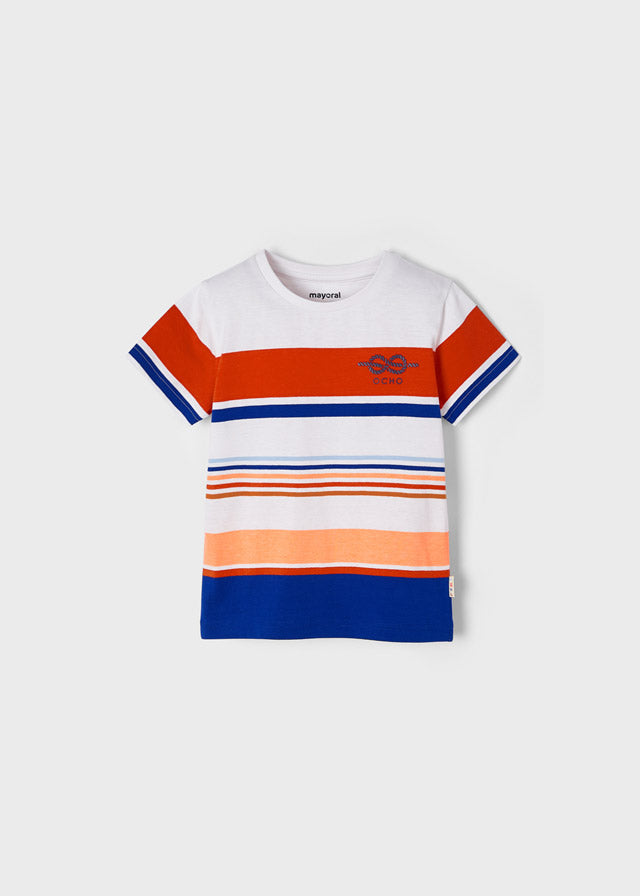 Boy's striped Tee shirt with red white peach and dark blue. Mayoral 6009 boy's tee shirt.