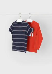 Boys navy tee and  red long sleeve tee. Mayoral 3027 set of two tops for a boy, Navy striped tee shirt and red printed top for a boy, buy online on kidstuff.ie