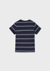 Boys navy tee and red long sleeve tee. Mayoral 3027 set of two tops for a boy, Navy striped tee shirt and red printed top for a boy. Navy tee back view