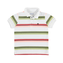 Load image into Gallery viewer, polo tee shirt for a boy with green stripes and terra cotta stripes. Mayoral 3110 boys polo shirt. Collared tee shirt with stripes for a boy
