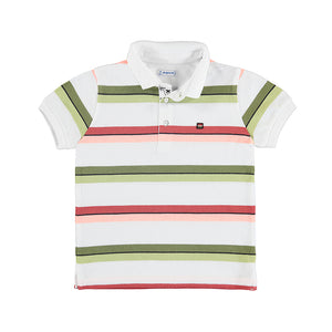 polo tee shirt for a boy with green stripes and terra cotta stripes. Mayoral 3110 boys polo shirt. Collared tee shirt with stripes for a boy
