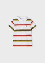 Load image into Gallery viewer, polo tee shirt for a boy with green stripes and terra cotta stripes. Mayoral 3110 boys polo shirt. Collared tee shirt with stripes for a boy

