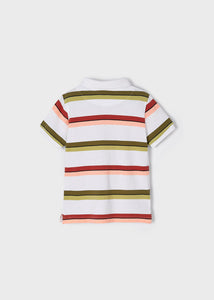 polo tee shirt for a boy with green stripes and terra cotta stripes. Mayoral 3110 boys polo shirt. Collared tee shirt with stripes for a boy
