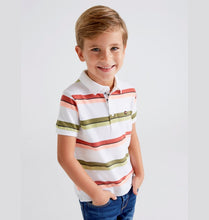 Load image into Gallery viewer, polo tee shirt for a boy with green stripes and terra cotta stripes. Mayoral 3110 boys polo shirt. Collared tee shirt with stripes for a boy 
