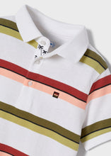 Load image into Gallery viewer, polo tee shirt for a boy with green stripes and terra cotta stripes. Mayoral 3110 boys polo shirt. Collared tee shirt with stripes for a boy, detail
