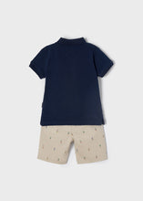 Load image into Gallery viewer, Navy Polo Tee shirt and stone coloured bermuda shorts with tennis racket print. Mayoral 3269 Boy&#39;s set in navy and stone. Boys top and shorts set. Back view
