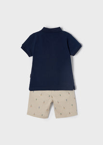 Navy Polo Tee shirt and stone coloured bermuda shorts with tennis racket print. Mayoral 3269 Boy's set in navy and stone. Boys top and shorts set. Back view