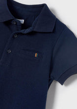 Load image into Gallery viewer, Navy Polo Tee shirt and stone coloured bermuda shorts with tennis racket print. Mayoral 3269 Boy&#39;s set in navy and stone. Boys top and shorts set. Top detail
