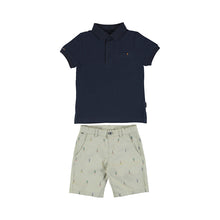 Load image into Gallery viewer, Navy Polo Tee shirt and stone coloured bermuda shorts  with tennis racket print. Mayoral 3269 Boy&#39;s set in navy and stone. Boys top and shorts set.
