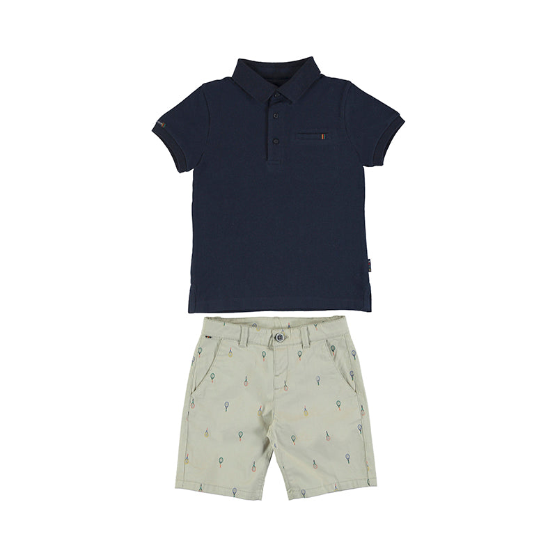 Navy Polo Tee shirt and stone coloured bermuda shorts  with tennis racket print. Mayoral 3269 Boy's set in navy and stone. Boys top and shorts set.