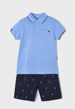 Load image into Gallery viewer, Boy&#39;s  Navy print Bermuda Shorts and  sky blue Polo Shirt Set.  Mayoral 3269 boys shorts and tee shirt in sky blue and navy
