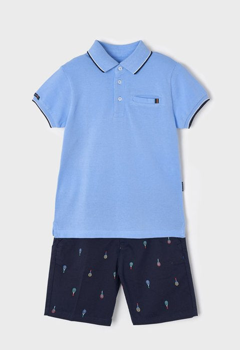 Boy's  Navy print Bermuda Shorts and  sky blue Polo Shirt Set.  Mayoral 3269 boys shorts and tee shirt in sky blue and navy