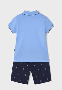 Boy's Navy print Bermuda Shorts and sky blue Polo Shirt Set. Mayoral 3269 boys shorts and tee shirt in sky blue and navy