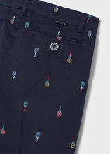 Load image into Gallery viewer, Shorts detail. Boy&#39;s Navy print Bermuda Shorts and sky blue Polo Shirt Set. Mayoral 3269 boys shorts and tee shirt in sky blue and navy
