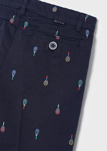 Shorts detail. Boy's Navy print Bermuda Shorts and sky blue Polo Shirt Set. Mayoral 3269 boys shorts and tee shirt in sky blue and navy